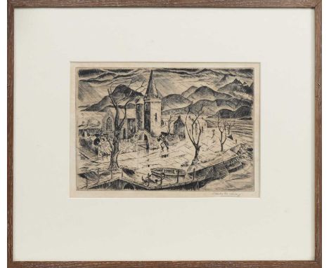 * CHARLES MURRAY (SCOTTISH 1894 - 1954), RAIN, PORT BANNATYNE, BUTE drypoint etching on paper, signedmounted, framed and unde