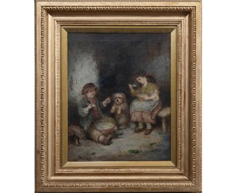 MARK WILLIAM LANGLOIS (BRITISH 1848 - 1924), BEGGING FOR SCRAPS oil on canvas, signedframed and under glassimage size 54cm x 