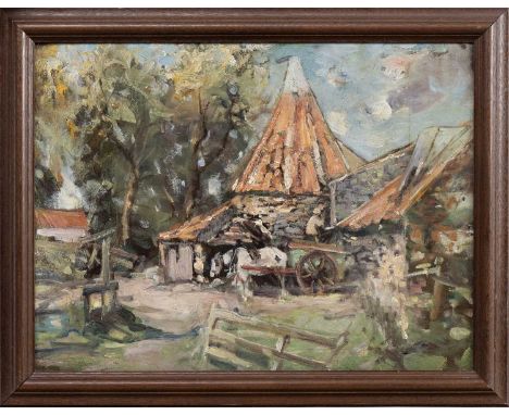 GEORGE SMITH RSA (SCOTTISH 1870 - 1934), HORSE AND CART AT BARN oil on boardframedimage size 29cm x 39cm, overall size 36cm x