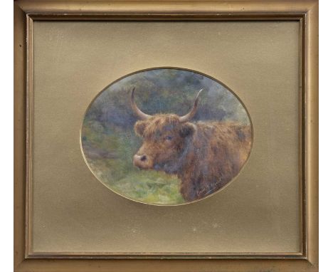 LOUIS BOSWORTH HURT (BRITISH 1856 - 1929), STUDY OF A HIGHLAND COW oil on board, signedmounted (oval), framed and under glass