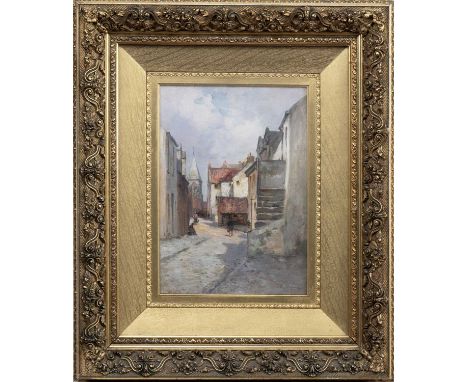 JOSEPH (JOE) MILNE (SCOTTISH 1861 - 1911), EAST COAST FISHING VILLAGE oil on canvas, signedframed and under glassimage size 3