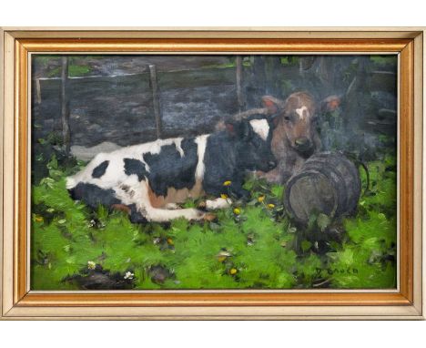 DAVID GAULD RSA (SCOTTISH 1865 - 1936), TWO CALVES oil on canvas, signedframed and under glassimage size 39cm x 60cm, overall