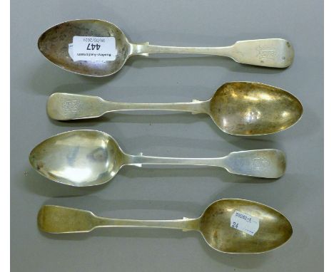 Four Georgian Scottish silver tablespoons. 22 cm long. 8.3 troy ounces.