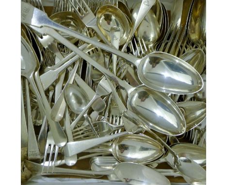 A quantity of various silver and silver-plated flatware. The basting spoons 30 cm long. 132.9  troy ounces of silver.