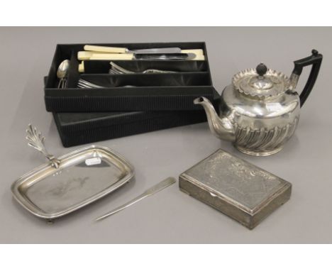 A quantity of various silver plate. The teapot 25.5 cm long.