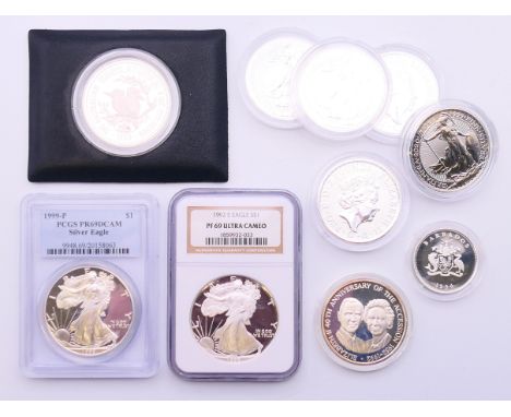 Ten various silver proof coins including two fine silver one dollars.