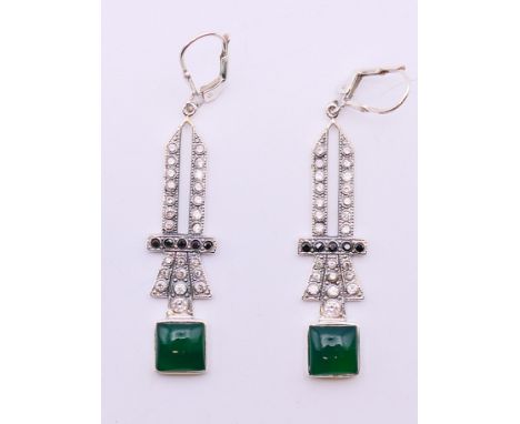 A pair of silver, jade Art Deco style earrings.  4 cm high. 