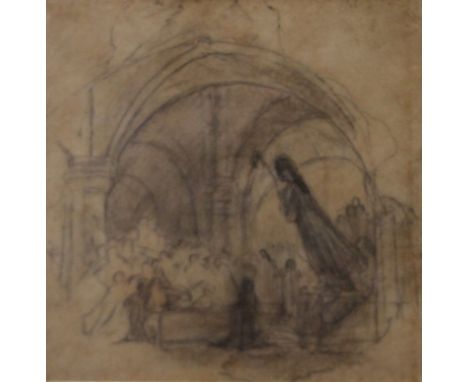 A pencil sketch of a Church Interior Scene, the reverse of the frame bearing a printed sheet describing Richard Parkes Boning