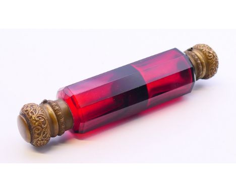 A ruby glass double scent bottle.  12 cm long. 