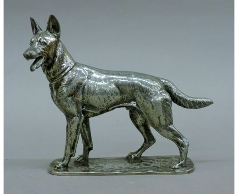 A mid-20th century WMF  silver-plated German shepherd dog, signed Fritz Diller. 17.5 cm long.