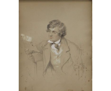 A 19th century heightened pencil sketch, Portrait of a Young Man Reading a Letter, indistinctly signed and dated 1844, framed