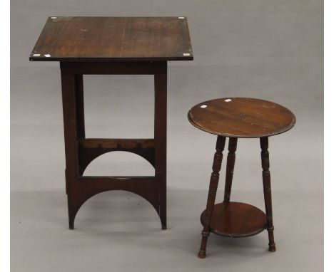 An Art and Crafts mahogany side table, a walnut side table and a lacquered shelf. The former 55.5 cm wide.