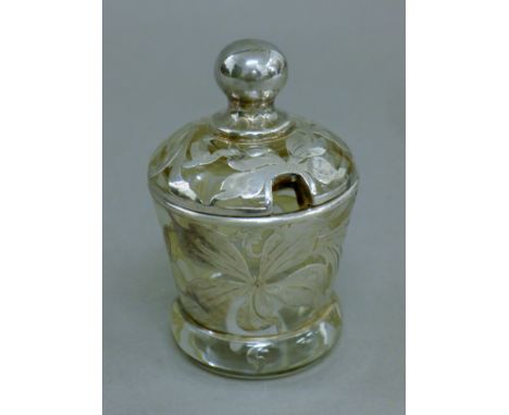 A silver overlay glass jar. 10.5 cm high.