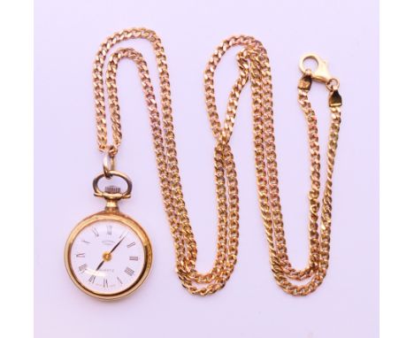 A Rotary fob watch on a 9 ct gold chain.  2.5 cm diameter, chain 62 cm long. The chain 6 grammes.