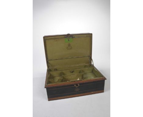 An early 20th Century Japanned vintage tin deed boxThe 20.5cm high box with green removable compartmentalised tray, makers ma