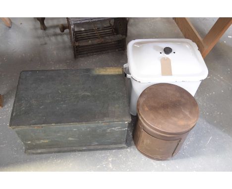 A group of collectable items Comprising of a white enamel bread bin, height 28cm, together with a metal camping stove, and a 