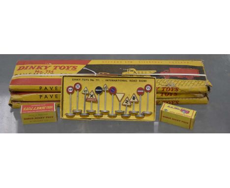 Six boxed Dinky itemsComprising three boxed no. 754 pavement sets, 771 International Road signs, and two Dinky Dublo vehicles