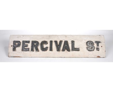 A vintage wooden street sign The sign painted black and white, with raised black lettering 'Percival St' 22cm x 92cm. 