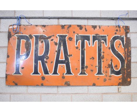 A vintage 'Pratts' enameled advertising signThe rectangular sign with black lettering on an orange ground,185x91cm.