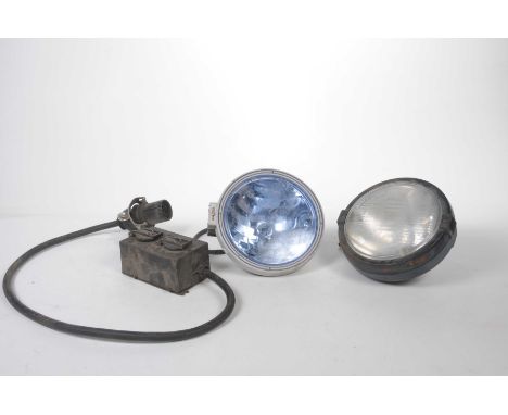 A group of vintage industrial items Comprising of three car head lights, funnels, weights, chamber pot, etc. (qty)  