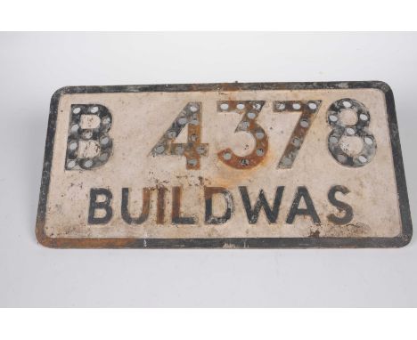 A vintage cast iron road sign The road sign painted in black and white with raised lettering 'B4378 Buildwas' 24cm x 50cm. 