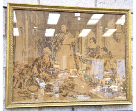 Tapestry after Sir Edward Lancers "Bolton Abbey in the olden time" circa 190065x85cm, framed and glazed.
