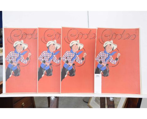 A collection of three vintage book cover proofsEach with red ground detailing young cowboy and text 'Rodeo' facsimile signatu