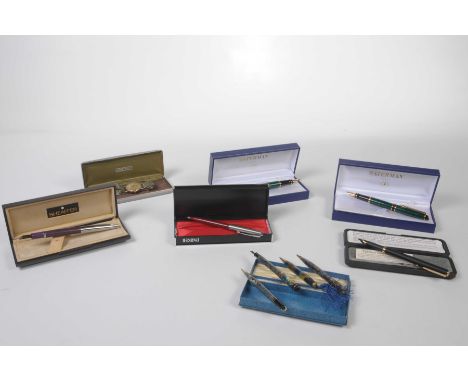 A quantity of various collectible pensTo include two Waterman fountain pens both boxed, a boxed Parker fountain pen, a Parker