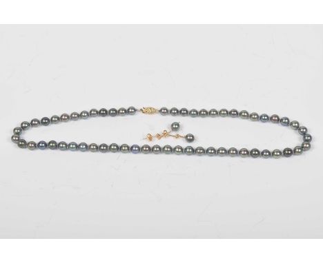 A cultured pearly necklet and earring suite The necklet with 14K gold clasp, 45cm long, together with a pair of gold backed p
