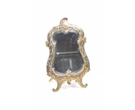 A 19th Century champleve enamel dressing table mirrorThe fan shaped bevelled mirror plate, raised on a pair of swept supports