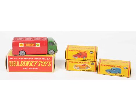 Four boxed Dublo Dinky Toys Comprising 062 Singer Roadster, 063 Comma Van, 068 Royal Mail Van and 070 AEC Mercury Tanker Shel
