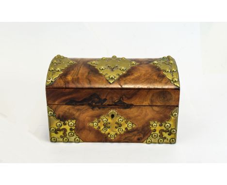 19thC Gothic Style Converted Tea Caddy, Walnut Case With Domed Lid And Brass Strapwork, Lined Interior 