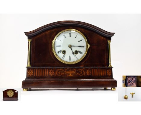 Hamburg American Clock Co - Polished Mahogany Cased 8 Day Striking Mantel Clock. c.1895 - 1900. With Inlay and Polished Brass