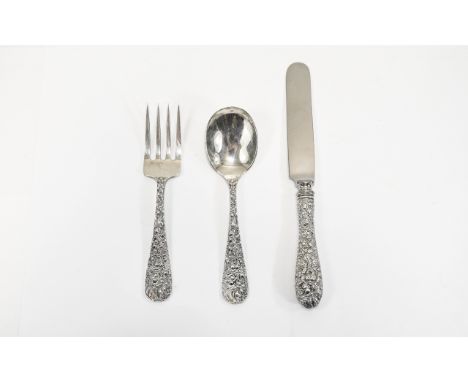 Antique Sterling Silver - Children's 3 Piece Christening Set. Comprises Knife, Fork and Spoon. The Handles with Very Ornate E