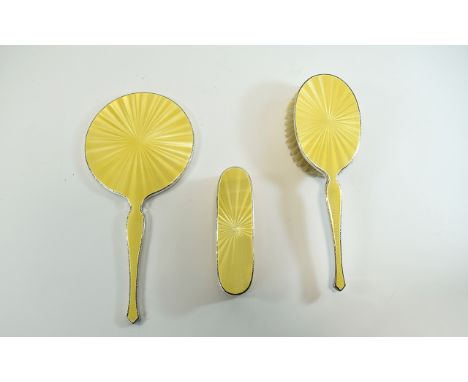 Art Deco Yellow Enamel and Silver Ladies 3 Piece Vanity Set of Excellent Condition and Quality. Hallmark Birmingham 1944, Mak