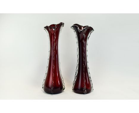 Murano - Pair of Hand Blown Tall Ruby Red Coloured Vases with Applied Clear Glass and Elongated Tear Drops, Decoration to Bod