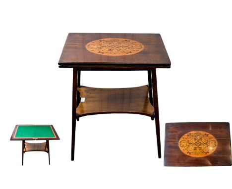 Victorian - Small Mahogany and Marquerty Inlaid Swivel Topped Card / Games Table, Untied by Shelf Standing on Tapered Legs, T