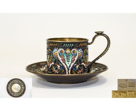 Russian Very Fine Silver Gilt and Cloisonne Enamel Cup and Saucer and Spoon. Mark of Peter Abrosimov, Moscow. 1869 - 1908. 84