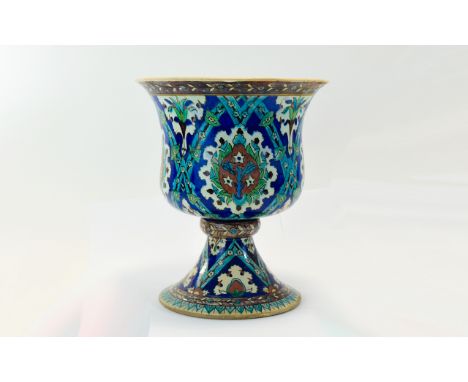 19th Century Hand Painted Persian Style ( Iznik ) Pottery Urn on Stand. Cobalt Blue and Turquoise Colour way. 13.5 Inches Hig