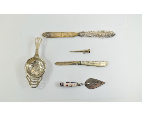 A Small But Interesting Collection of Small Silver Items ( 5 ) Items In Total. Comprises 1/ Edwardian Mother of Pearl Handle 