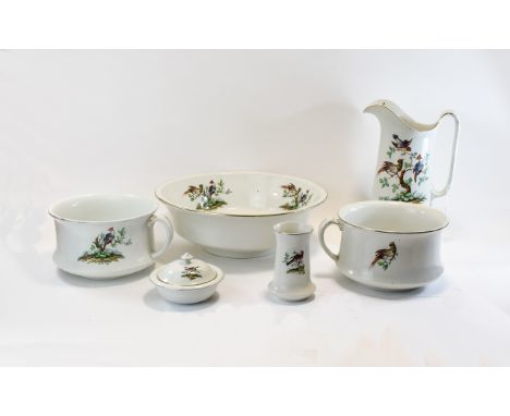 H & K Tunstall, English Pottery Dressing Table/Wash Set comprising two bed pans, water jug and bowl and vase and trinket pot.