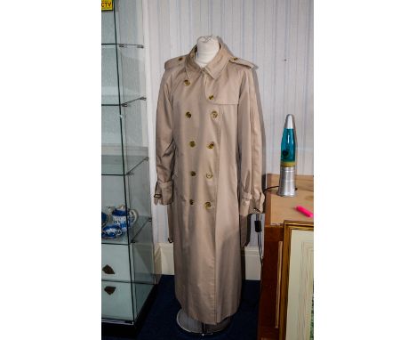 Burberry Original Full Length Trench Coat.  Approx size 14--16 also a multi-strand knot detail necklace with black beads. Als