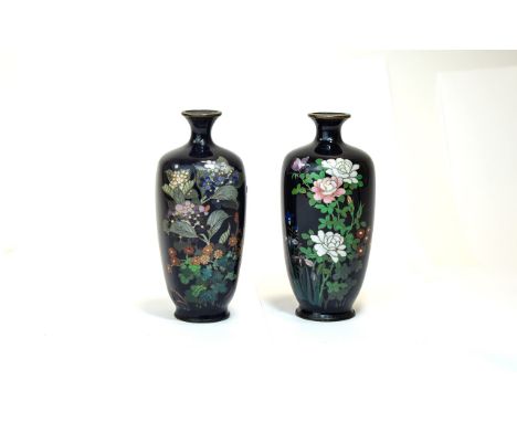 Japanese 19th Century Pair of Very Finely Decorated Bottle Shaped Cloisonne Vases. Meiji Period. Each Decorated with Garden F