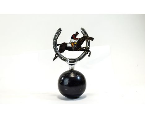 George Formby - Enamel and Chrome Car Mascot, In The Form of a Racehorse and Jockey, In Full Flight within a Chrome Horseshoe