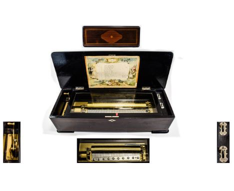 Swiss Superb - Rosewood and Ebony Cased - Hand Grained Cylinder Music Box, Playing 12 Airs on a 13 Inches Cylinder. c.1885. S