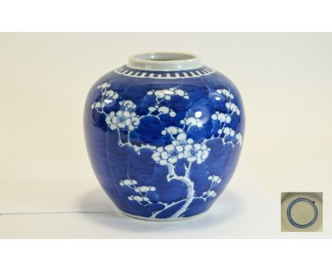 Chinese 19th Century Kangxi Globular Shaped Blue and White Jar with Prunus Decoration on Blue Ground. Kangxi Double Blue Circ