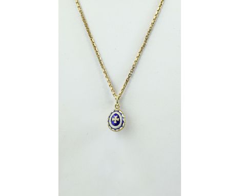 14ct Gold and Enamel Egg Shaped Pendant Drop. Marked 585 with Attached 9ct Gold Box Chain. Fully Hallmarked. 9.4 grams. 18 In