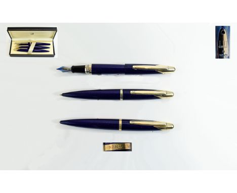 Alfred Dunhill AD 2000 Fine Quality Pen Set. Comprises 1/ Azure Blue and Gold - Large Size Fountain Pen with Sterling Silver 