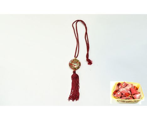 Collection of Chinese Lucky Charm Necklaces, red enamel in circular pendant depicting fire breathing dragon pictures and red 
