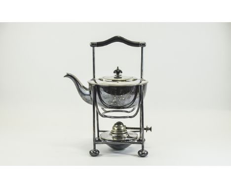 Arts and Crafts Christopher Dresser / Style Silver Plated Spirit Kettle and Stand. Maker Mappin and Webb with Ebony Handle an